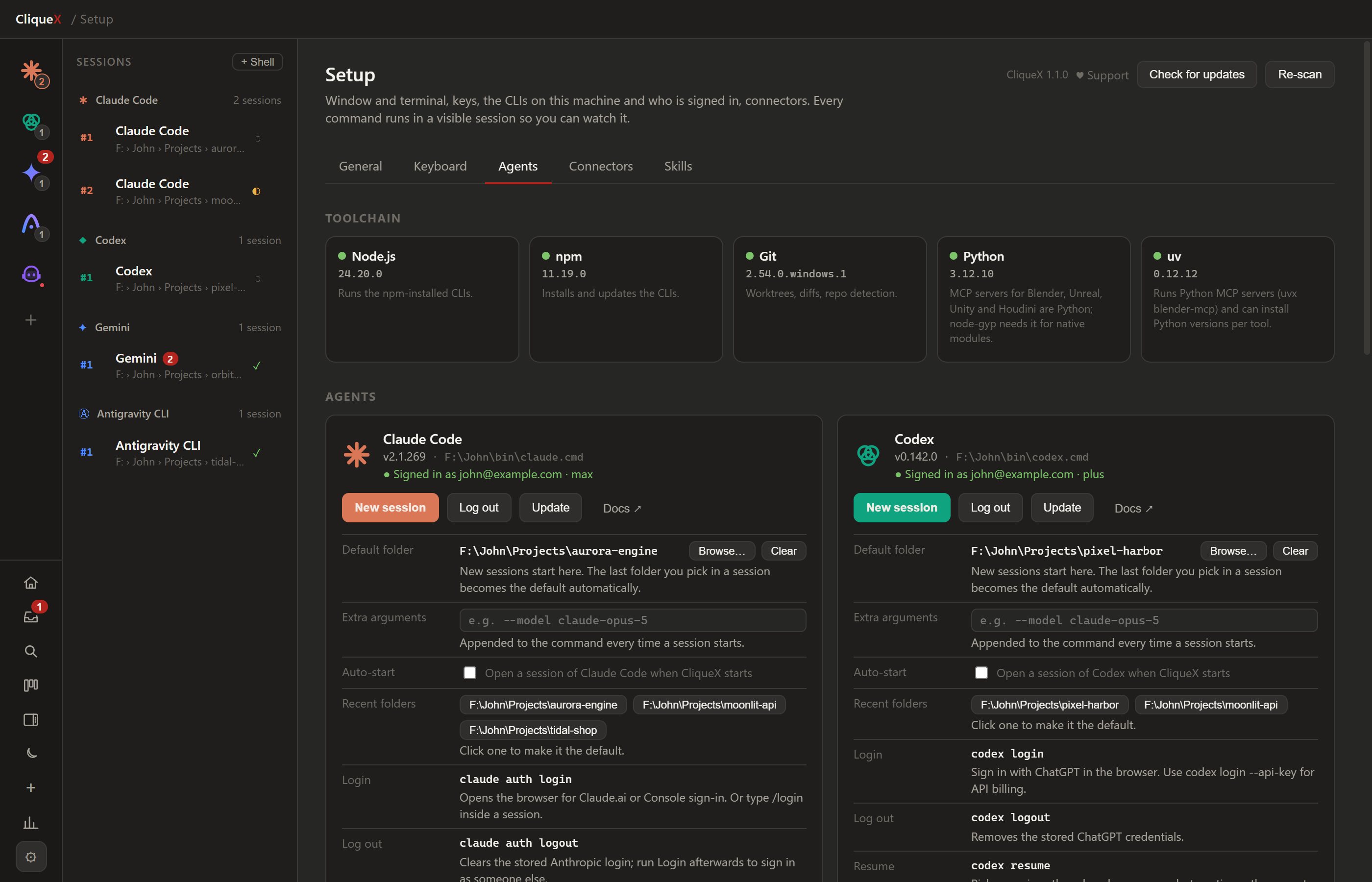 Setup: the toolchain checked, and each CLI with its version, account, and buttons to update, log in or start