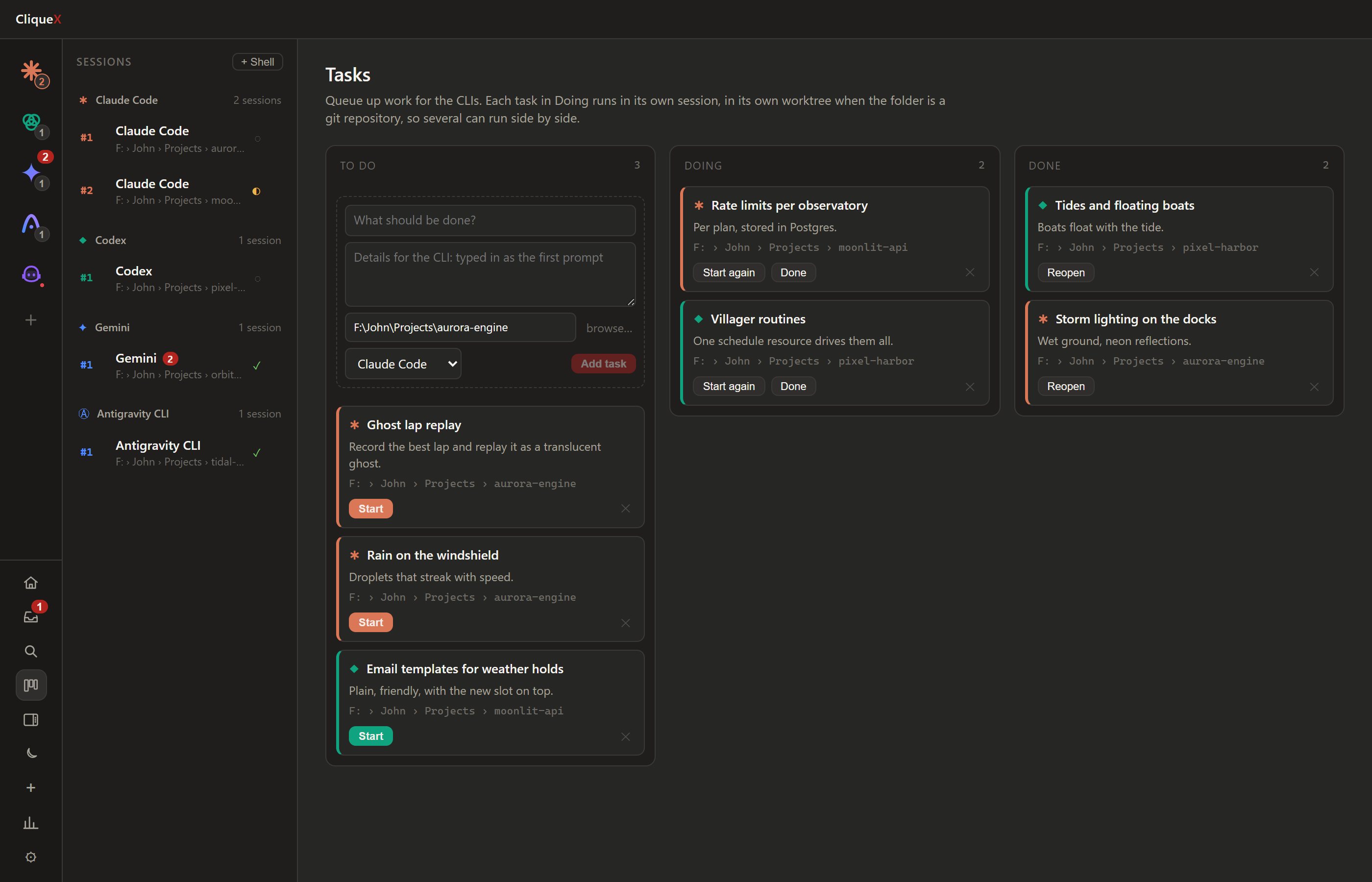 Task board: to do, doing and done, each card tied to a CLI and a project