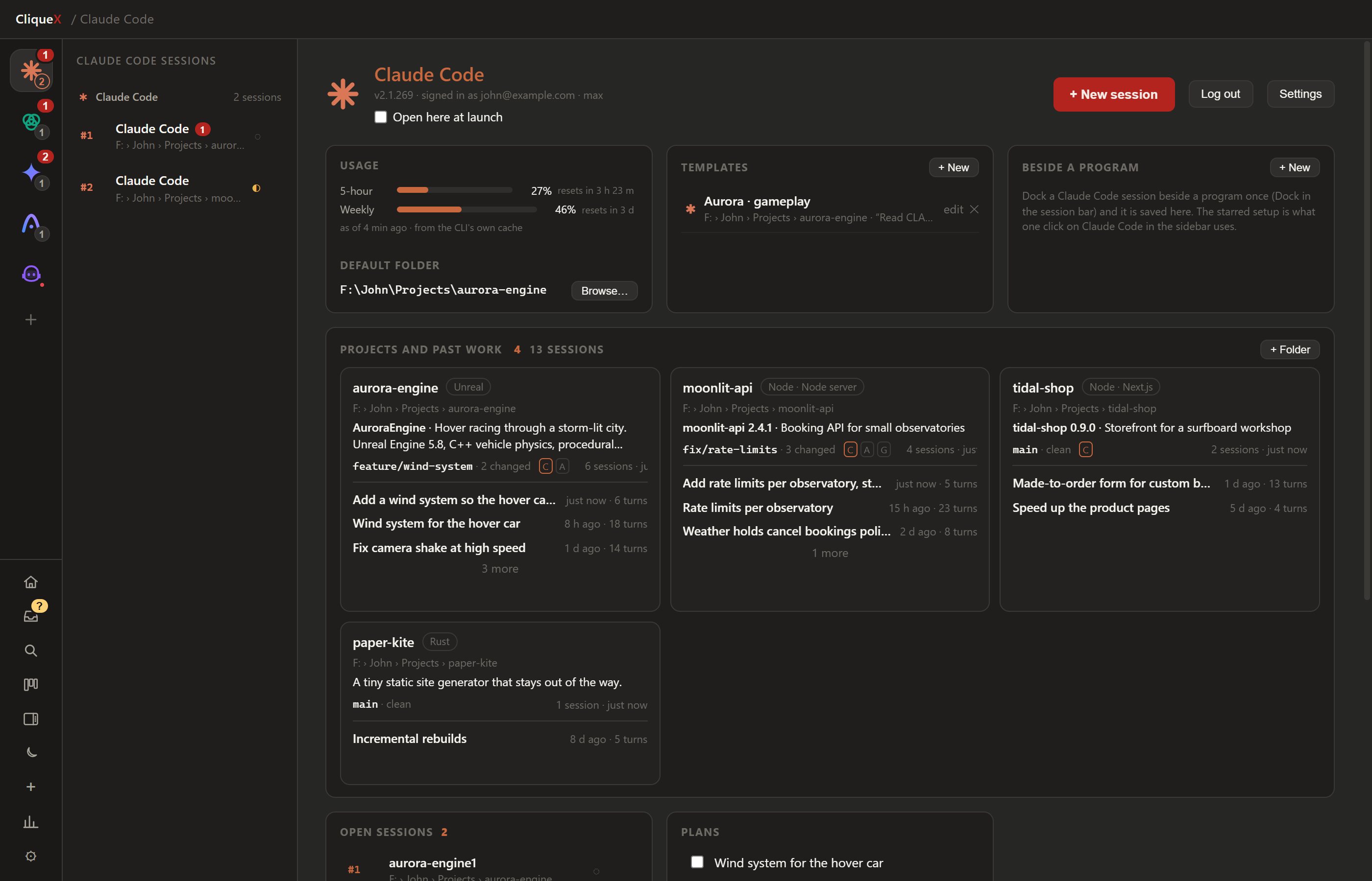 Projects and past work on a CLI page
