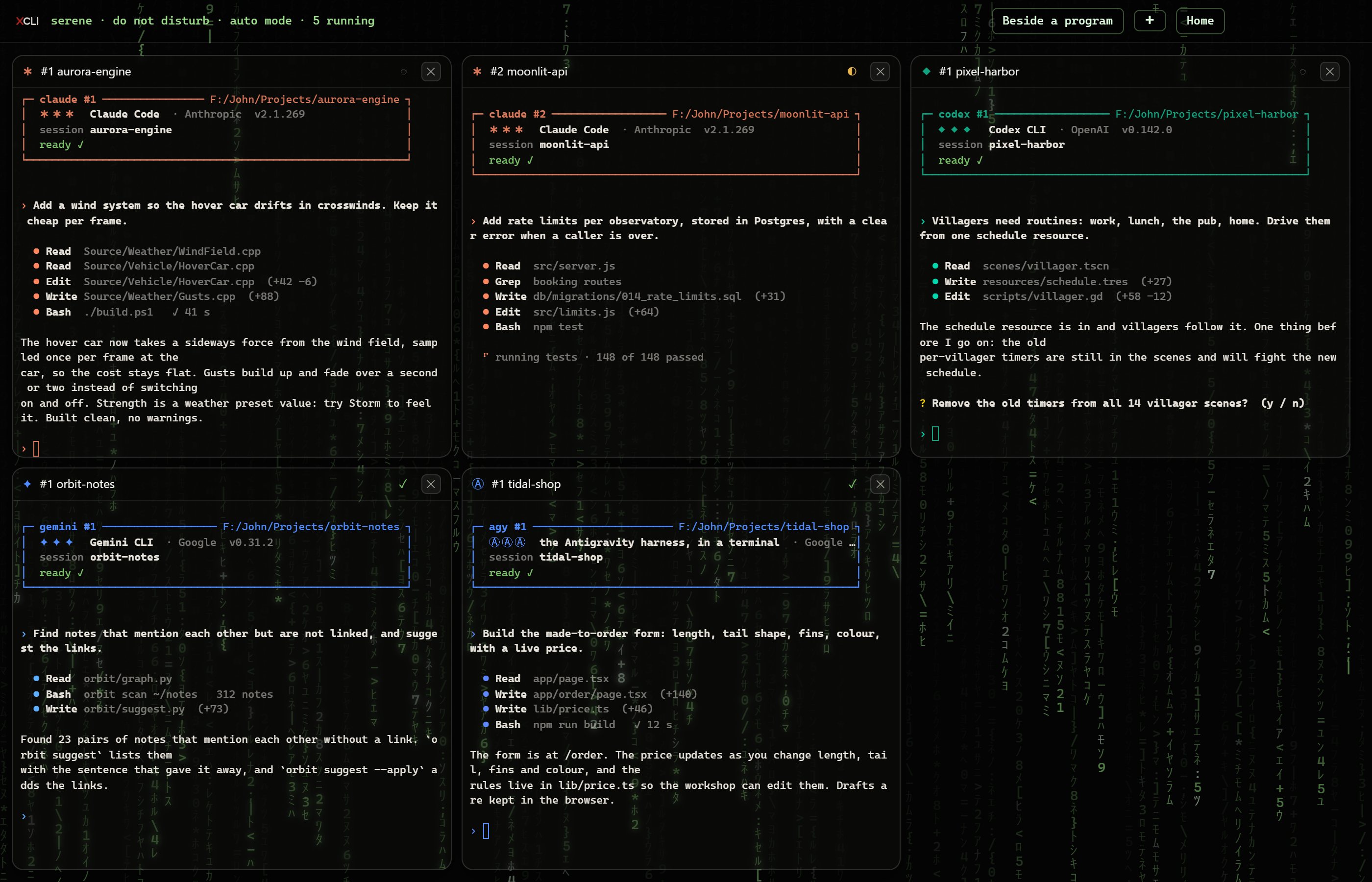 Serene mode: five sessions of different CLIs side by side